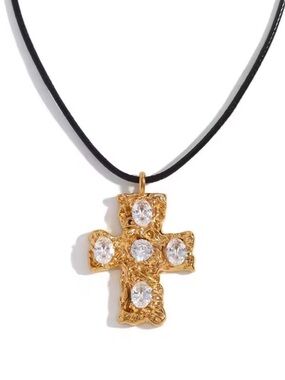 Gold Cross Pendant Necklace with Clear Stones on black string